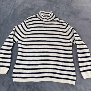 J Crew Cozy Rollneck Pullover Sweater Women L Cream Blue Stripe Cabin Soft Touch